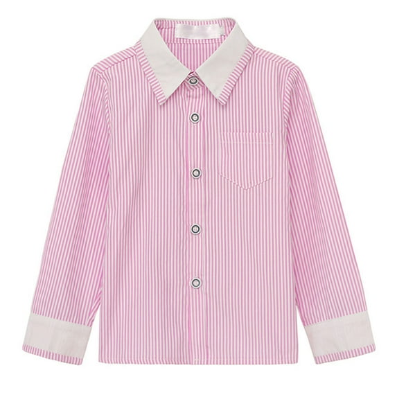 YLSDY Boys' Striped Long Sleeve Button Down Shirt Dress Shirt with White Collar Cuffs Pink 2 Years