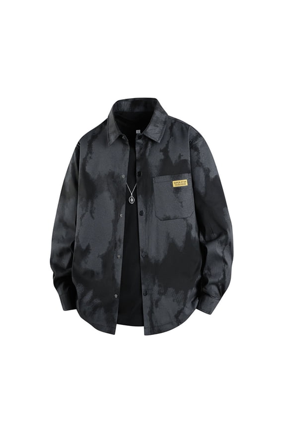 Button Down Shirt Jacket Men - Mens Long Sleeve Graphic Shacket Casual Lightweight Overshirts with Flap Pockets Black S