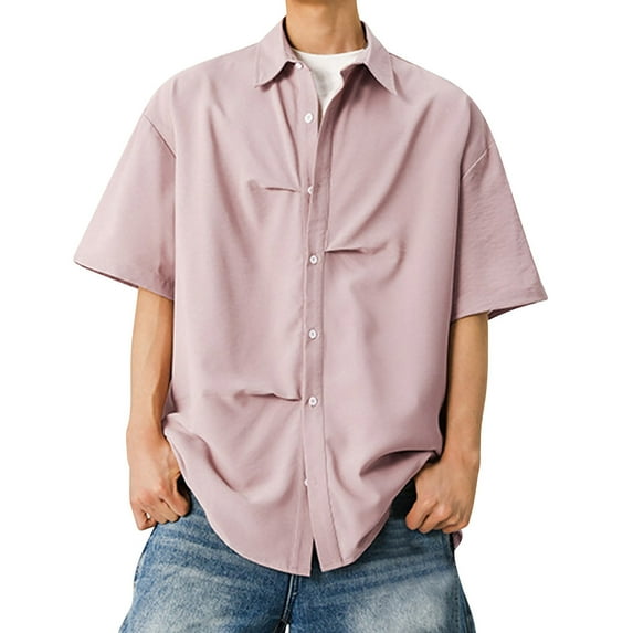 YLSDY Button Down Shirt for Men Lightweight Soft Short Sleeve Shirts Summer Casual Loose Solid Color Beach Shirts Tops Pink XXXL