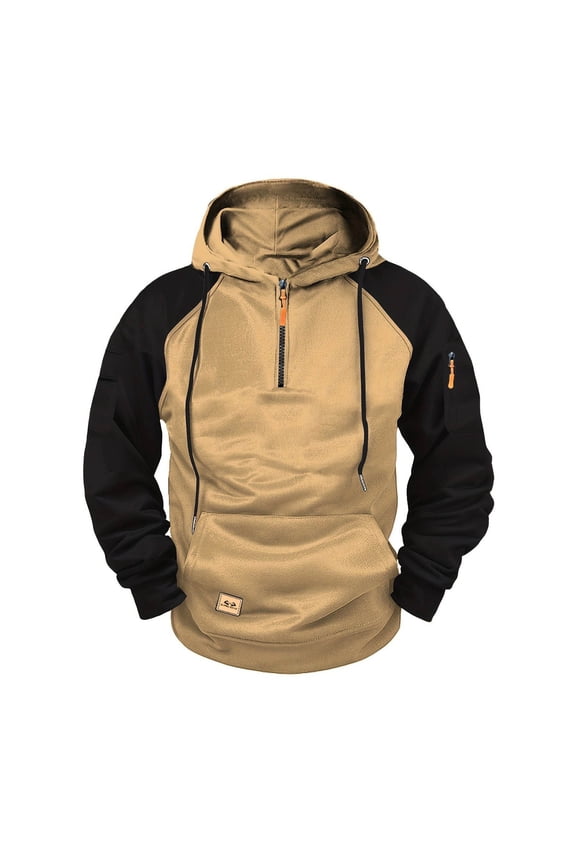 Cargo Hoodies for Men Quarter Zip Pullover Sweatshirt Raglan Sleeve Kangaroo Pocket Shirts Tactical Workout Jacket Khaki S