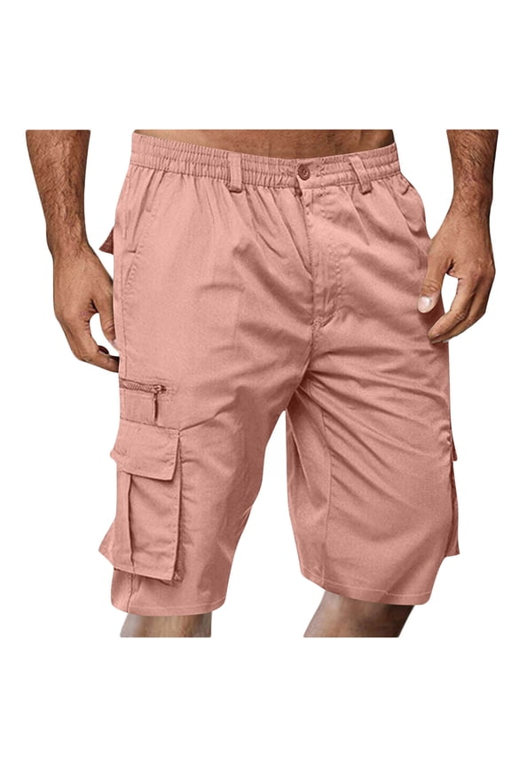 Cargo Shorts for Men Casual Summer Hiking Shorts Elastic Waist Big and Tall Knee Length Bermuda Shorts with Pockets Pink M