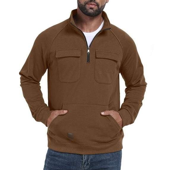 YLSDY Cargo Sweatshirts for Men Quarter Zip Long Sleeve Warm Fleece Tactical Pullover Casual Athletic Loose Sweatshirts Coffee XXL