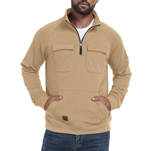 YLSDY Cargo Sweatshirts for Men Quarter Zip Long Sleeve Warm Fleece Tactical Pullover Casual Athletic Loose Sweatshirts Khaki XXXL
