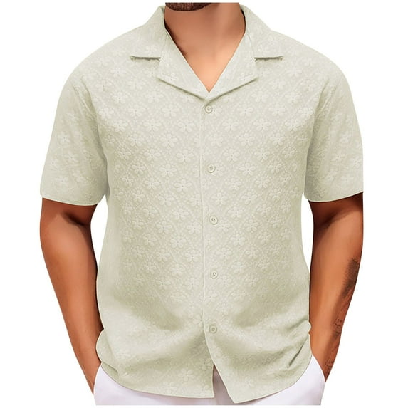 YLSDY Casual Blouse Shirt for Men Short Sleeve Turn Down Collar Loose Tee Shirt Textured Vintage Going Out Tunic Top White L