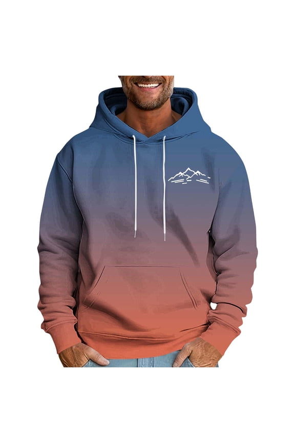 Casual Hoodies for Men Fall Winter Warm Fleece Hooded Sweatshirts Mountain Graphic Stylish Pullover with Pocket Blue XXXL