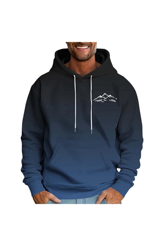 Casual Hoodies for Men Fall Winter Warm Fleece Hooded Sweatshirts Mountain Graphic Stylish Pullover with Pocket Navy XL