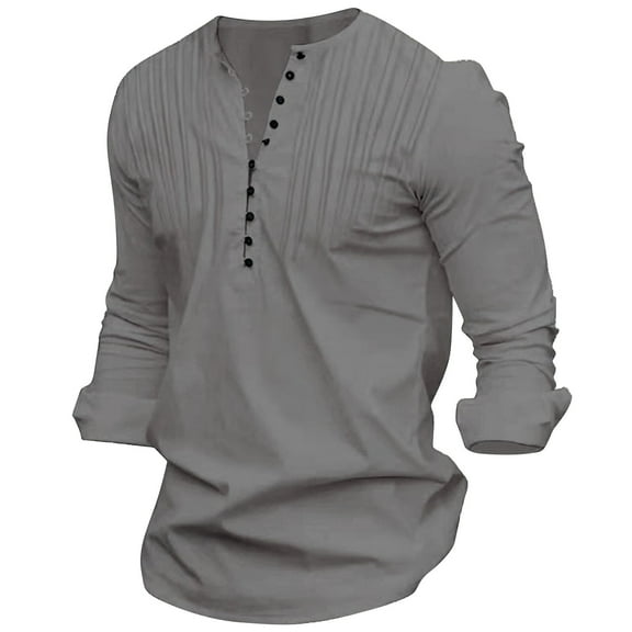 YLSDY Casual Long Sleeve Loose Shirt for Men Round Neck Button Up Solid Dressy Tee Shirts Pleated Front Trendy Tops Gray S