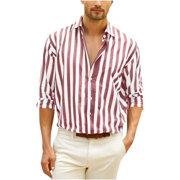 YLSDY Casual Men’s Button-Down Long Sleeve Shirts Striped Dress Shirts Cotton Linen Beach Tops Flip Collar Summer Fashion Shrits Pink S