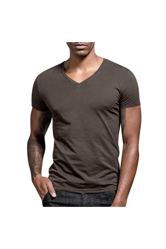 Casual Short Sleeve Shirts for Mens V Neck T Shirts Summer Fashion Muscle Slim Fit Tee Low Cut Stylish Tops Coffee XXXXL