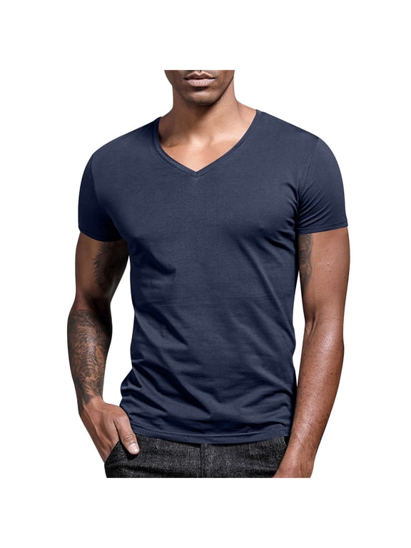 Casual Short Sleeve Shirts for Mens V Neck T Shirts Summer Fashion Muscle Slim Fit Tee Low Cut Stylish Tops Dark Blue M
