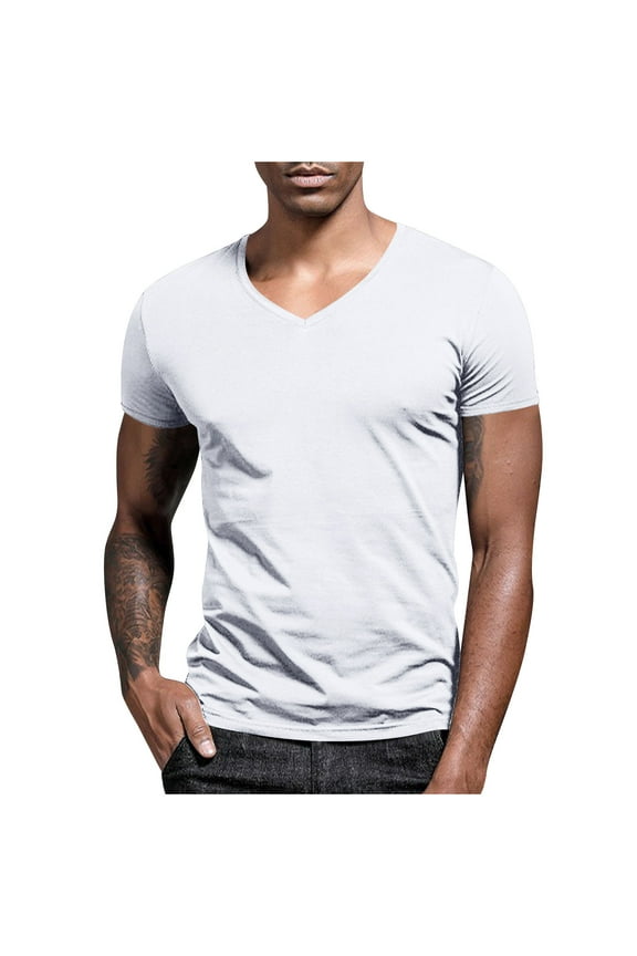 Casual Short Sleeve Shirts for Mens V Neck T Shirts Summer Fashion Muscle Slim Fit Tee Low Cut Stylish Tops White XL