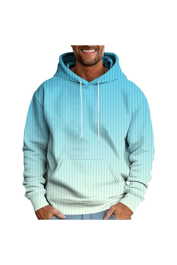 Casual Striped Gradient Hoodies for Men - Warm Fleece Loose Long Sleeve 2025 Fall Pullover Sweatshirts with Pocket Sky Blue XL