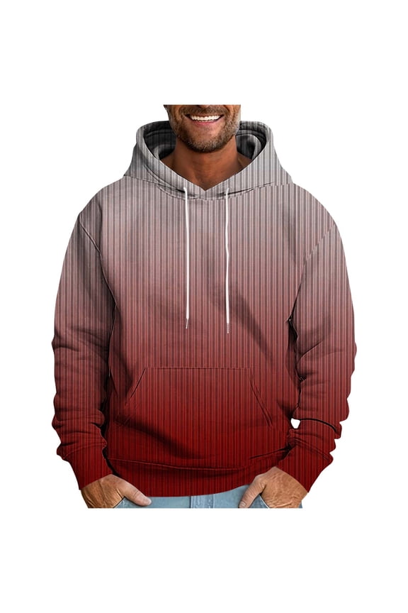 Casual Striped Gradient Hoodies for Men - Warm Fleece Loose Long Sleeve 2025 Fall Pullover Sweatshirts with Pocket Wine XXXL