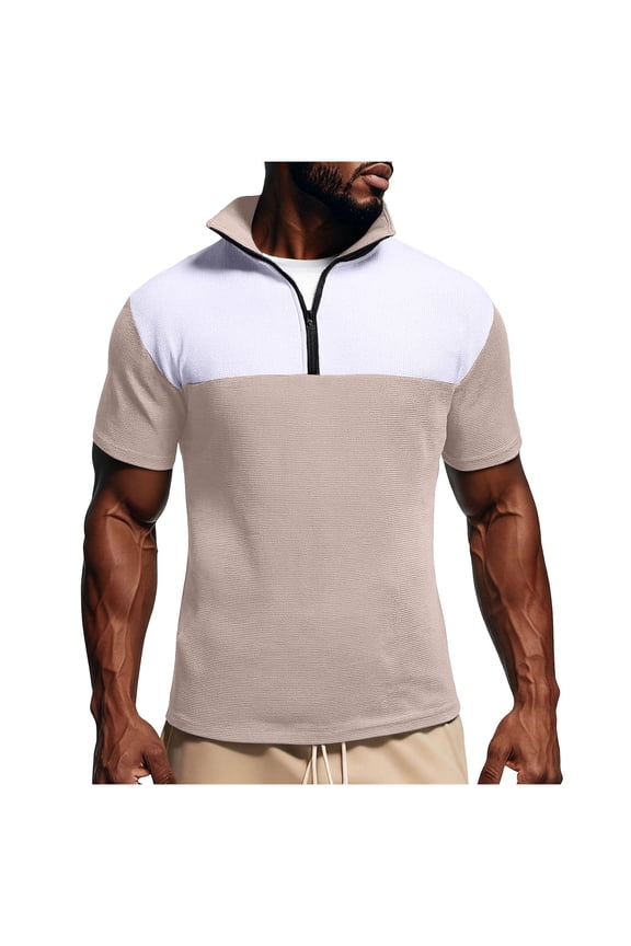 Casual Waffle Shirts for Men Slim Fit Zipper Golf Tshirt Breathable Short Sleeve Tee Summer Casual Zip Collared Work Tops Khaki S