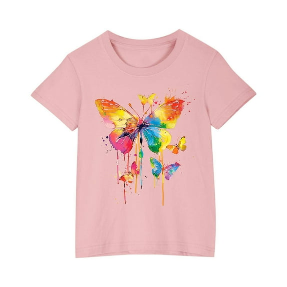 YLSDY Children Girl Butterfly Print Tshirts Round Neck Tee Tops for Child Short Sleeve Thin Summer Fall Shirts 2025 Pink 9 Years
