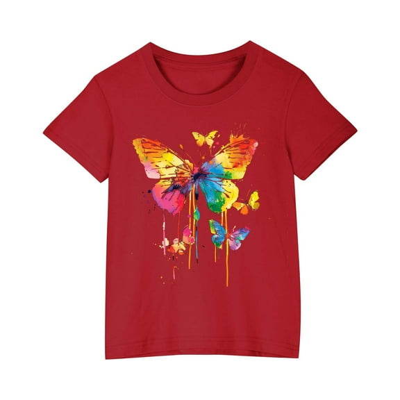 YLSDY Children Girl Butterfly Print Tshirts Round Neck Tee Tops for Child Short Sleeve Thin Summer Fall Shirts 2025 Red 9 Years