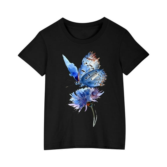 YLSDY Children Girls T-Shirt Flower Butterfly Graphic Kids Tees Soft Comfy Cotton Short-Sleeve Casual Tops Black 5 Years
