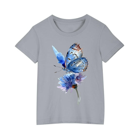YLSDY Children Girls T-Shirt Flower Butterfly Graphic Kids Tees Soft Comfy Cotton Short-Sleeve Casual Tops Gray 4 Years