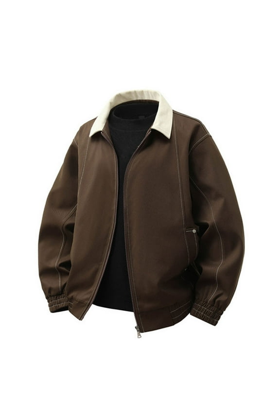 Classic Casual Bomber Jacket with Contrast Collar, with Pockets, Full Zip, Available in Beige, Brown, Outdoor Green Coffee XL