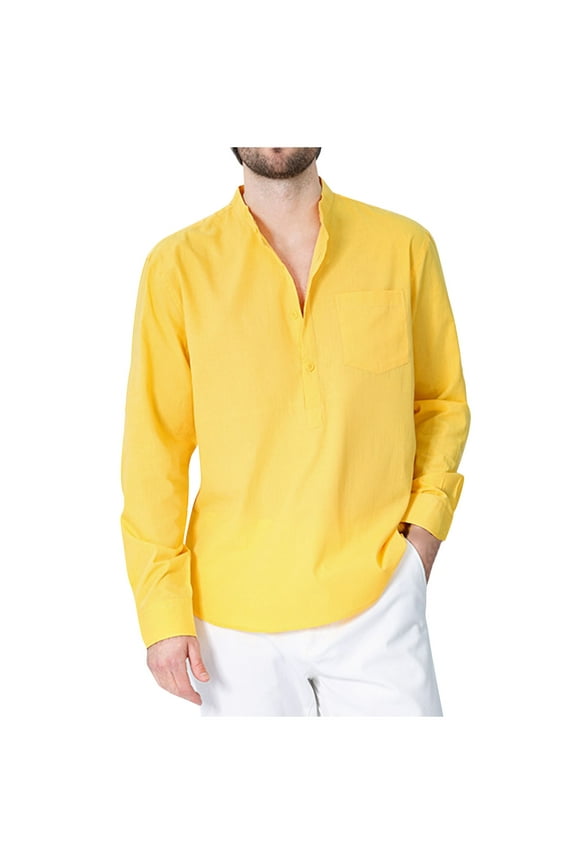 2024 Men's Chinese Style Long Sleeve Linen Shirt Button Down Mandarin Collar Solid Loose Fit Tunic Dress Shirts with Pocket Yellow XXL