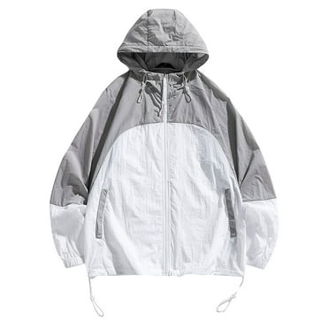 YLSDY Clearance 2024 Men's Color-Blocking Hooded Windbreaker Jacket with Zipper Pockets Streetwear Purple White Lightweight Breathable Mesh Lining Windproof Sportswear Spring Fall Gray L