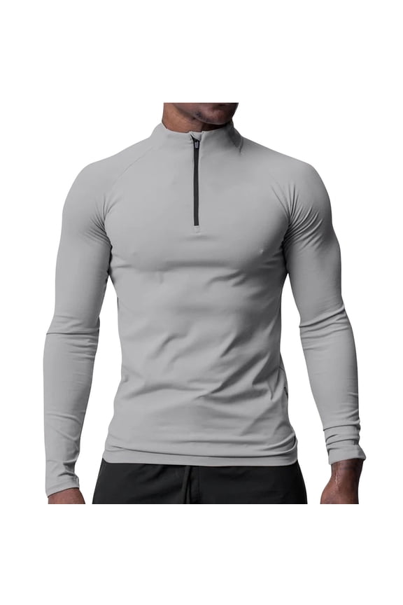 2024 Men's Sports Long Sleeve Compression Shirt Quick Dry Stand Collar Half Zip Slim Fit Baselayer Workout Tops Activewear Gray M