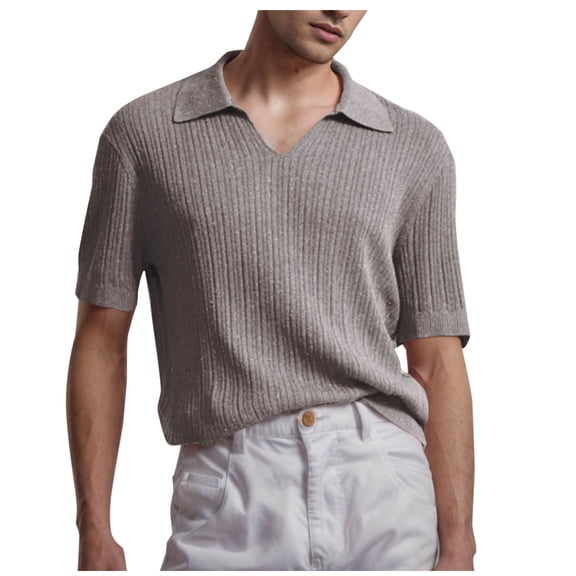 YLSDY Collared Muscle Shirts for Men Ribbed Knit Slim Fit Button Collared Shirts Short Sleeve, Mens V Neck T Shirts Casual Stylish Gray XL