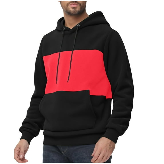 YLSDY Color Block Hoodie Men Hooded Sweatshirts Long Sleeve Casual Drawstring Fleece Pullover Tops with Pocket for Fall Red L