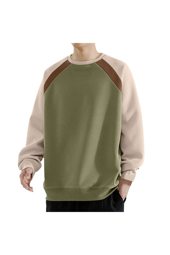 Color Block Sweatshirt for Men Loose Raglan Long Sleeve Pullover Casual Crewneck Patchwork 2025 Fall Tops Green L