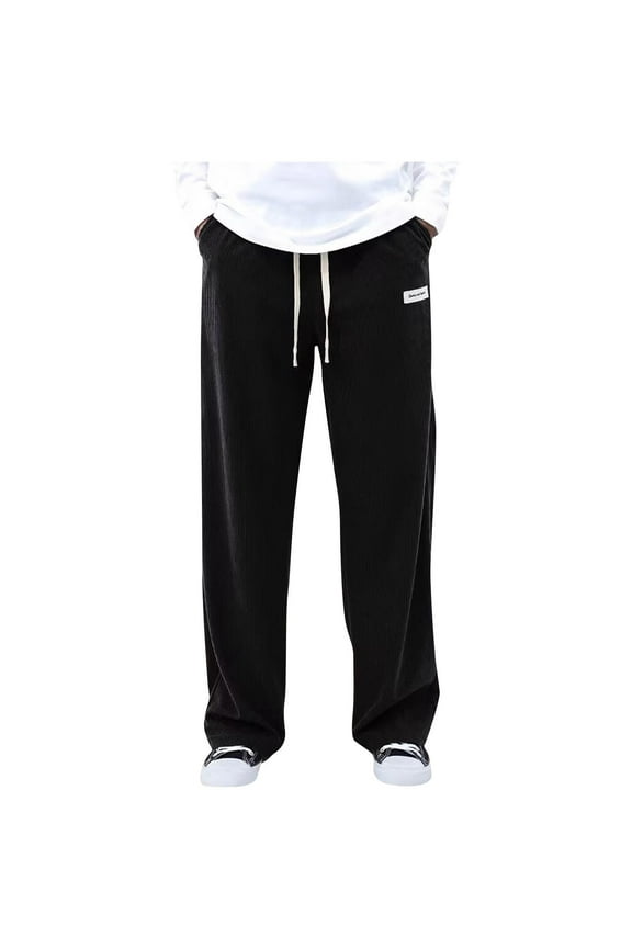 Corduroy Pants Men Relaxed Fit Drawstring Elastic Waist Baggy Chino Pants Wide Wale Pants Twill Slacks with Pockets Black L