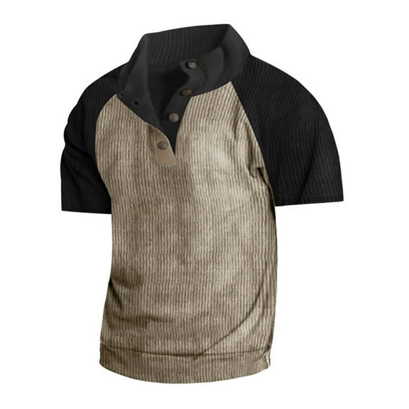 YLSDY Corduroy Shirt Men Short Sleeve Stand Collar Button Color Block Loose Fit Ribbed Vintage Summer Patchwork Casual Tees Beige S