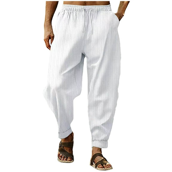 YLSDY Cotton Linen Pants for Men Baggy Style Beach Trousers Lightweight Pajama Bottoms Solid Loose Fit Yoga Pants White S