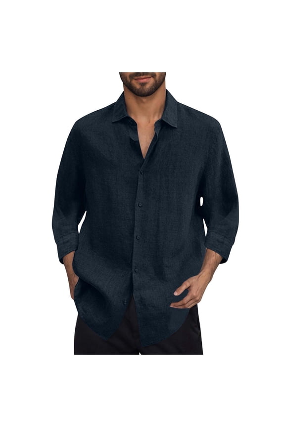 Cotton Linen Shirts for Men Long Sleeve Button Down Shirts Summer Beach Shirts Loose Fit Casual Shirts Vacation Tops Navy XXL