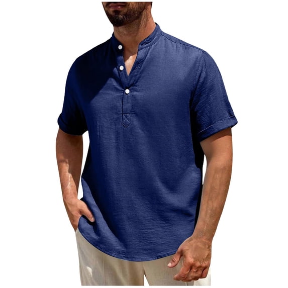YLSDY Cotton Linen Shirts for Men V Neck Half Button up Shirts Short Sleeve Breathable Casual Beach Holidays T Shirt Fashion Tops Blue XXXL