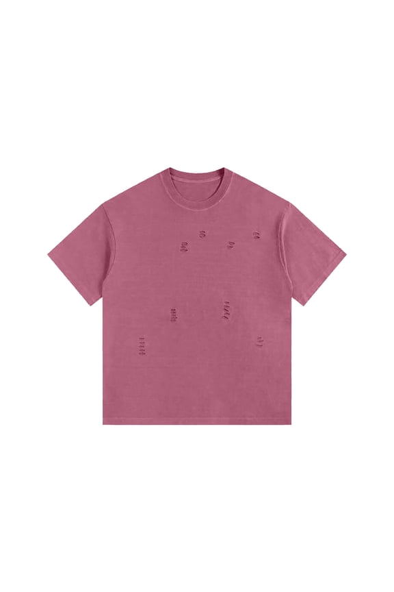 Cotton Shirts for Men Short Sleeve Casual Streetwear T-Shirt Fashion Holes Ripped Tee Top Vintage Solid Color Oversized Hot Pink S
