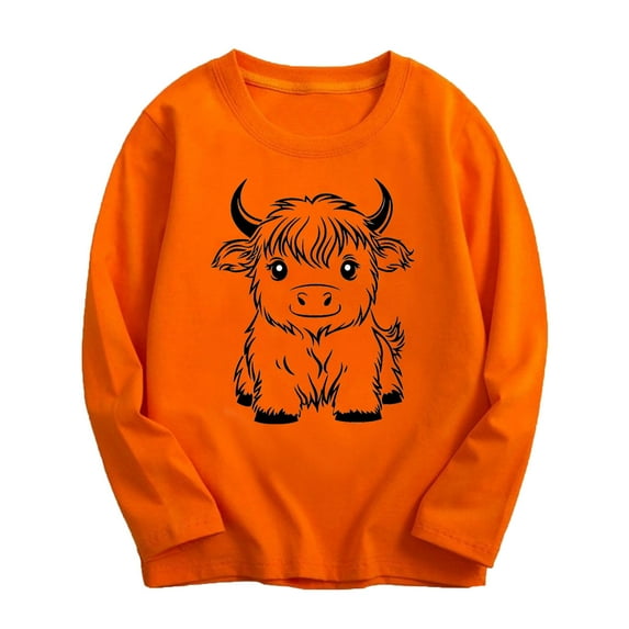 YLSDY Cow Sweatshirts for Girls Highland Cow Sweatshirts for Kids Western Cow Graphic Print Country Cow Lover Shirts Orange 14-15 Years