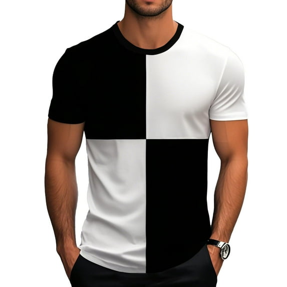 YLSDY Fashion Business Casual T-Shirt for Men Blocked Short Sleeve Top Color Matching Tees Summer Men's Shirts Going Out Shirt White S