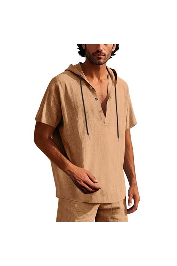 Fashion Cotton Linen Shirts for Men Casual Button Down Hoodie Summer Beach Loose Short Sleeve Drawstring Pullover Hooded Top Brown S
