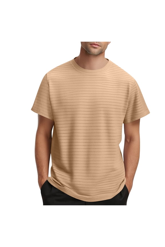 Fashion Fashion Plain Textured Shirt for Men 2025 Round Neck Summer Sweatshirt Short Sleeve Comfy Pullover Classic Shirts Khaki S