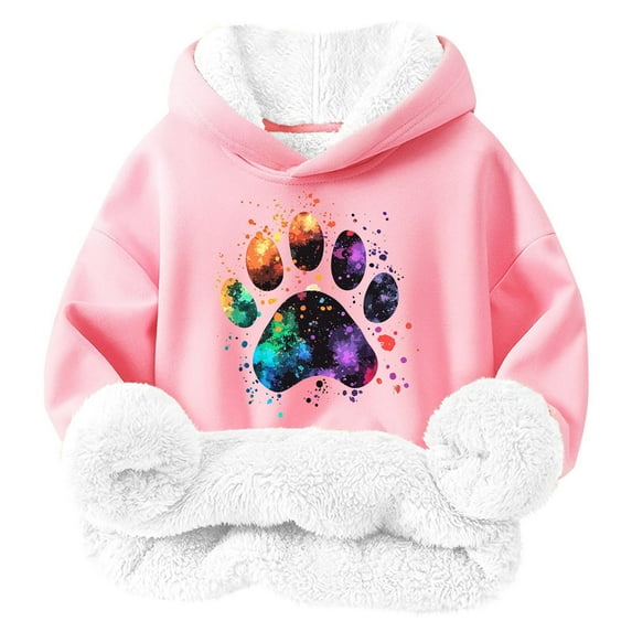 YLSDY Fashion Girls Lamb Fleece Cute Love Dog Paw Print Hoodless Sweatshirt Trendy Cotton Plus Velvet Thickened Pullover 2-12 Years Tops Pink 11 Years