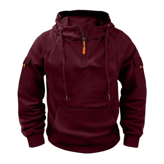 YLSDY Fashion Hoodies for Men with Zipper Trendy Multi Pockets Stylish Hoodie Sweatshirts Long Sleeve Drawstring Thick Blouses Wine XL