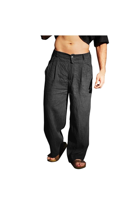 Fashion Linen Dress Pants for Men Business Casual Wide Leg Chinos Pants Slacks Pleated Khaki Summer Beach Outfits Resort Wear Black L