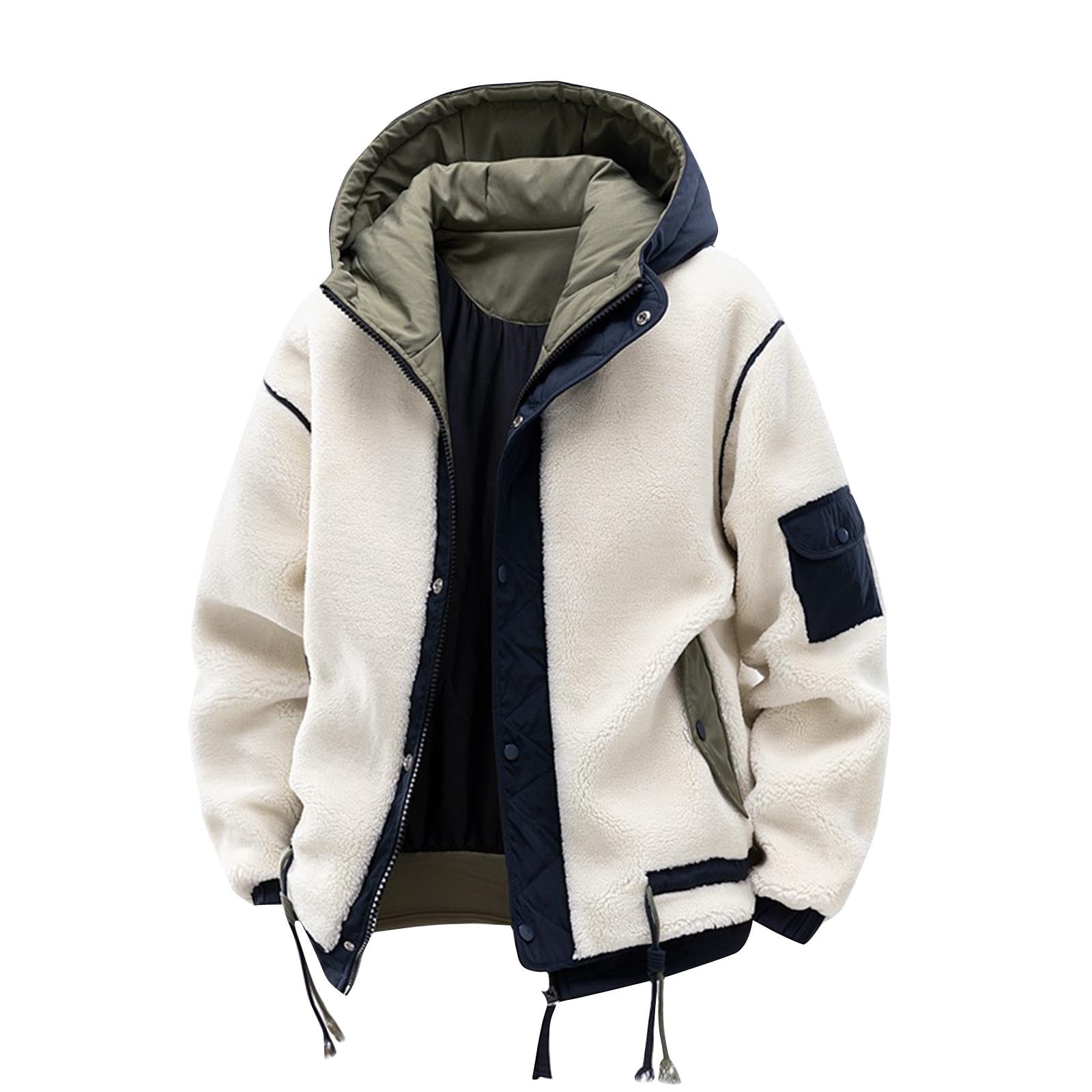 YLSDY Fashion Men Patchwork Fleece Jacket Thick Hooded Lamb Wool