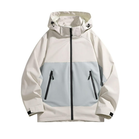 YLSDY Fashion Men Patchwork Zipper Jackets Color Block Hooded Outdoor Outwear Large Size Spliced Coat with Double Pocket White XL