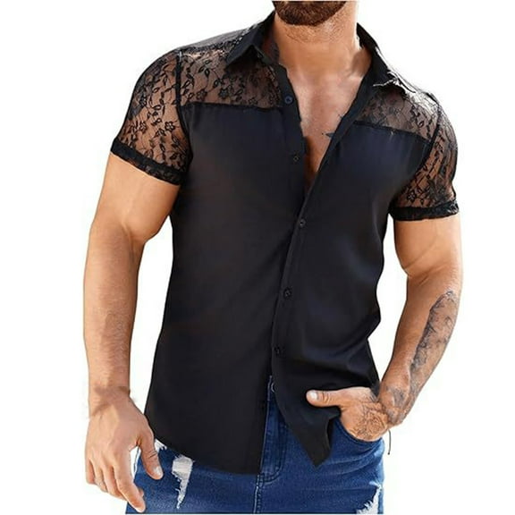 YLSDY Fashion Men Shirt Lace Mesh Patchwork Lapel Short Sleeve See Through Sexy V Neck Summer Party Button Down Shirts Black XL