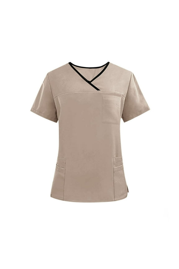 Fashion Men & Women Scrub Tops V-Neck Scrubs Unisex Stretch Nursing Shirts Medical Uniform Workwear with 3 Pockets Khaki S