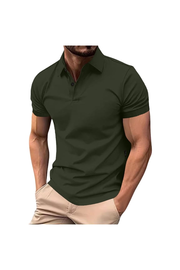 Fashion Men's Business Golf Shirt Casual Basic Solid Summer Short Sleeve Lapel Workout Button Up Vacation T-Shirts Army Green S