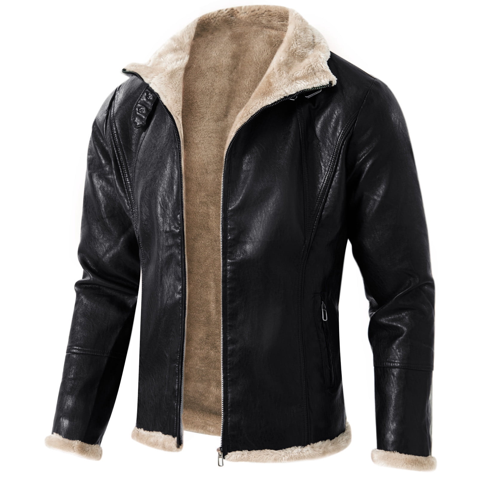 YLSDY Fashion Men's Casual Faux Leather Zip Up Long Sleeve Bomber Jacket Fashion Suede Sherpa Jacket Trendy PU Coat with Pockets Black XL