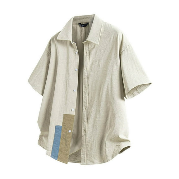 YLSDY Fashion Men's Casual Hawaiian Shirts Stylish Short Sleeve Button-Down Dress Shirt Cotton Linen Beach Work Shirt Plus Size Beige XL