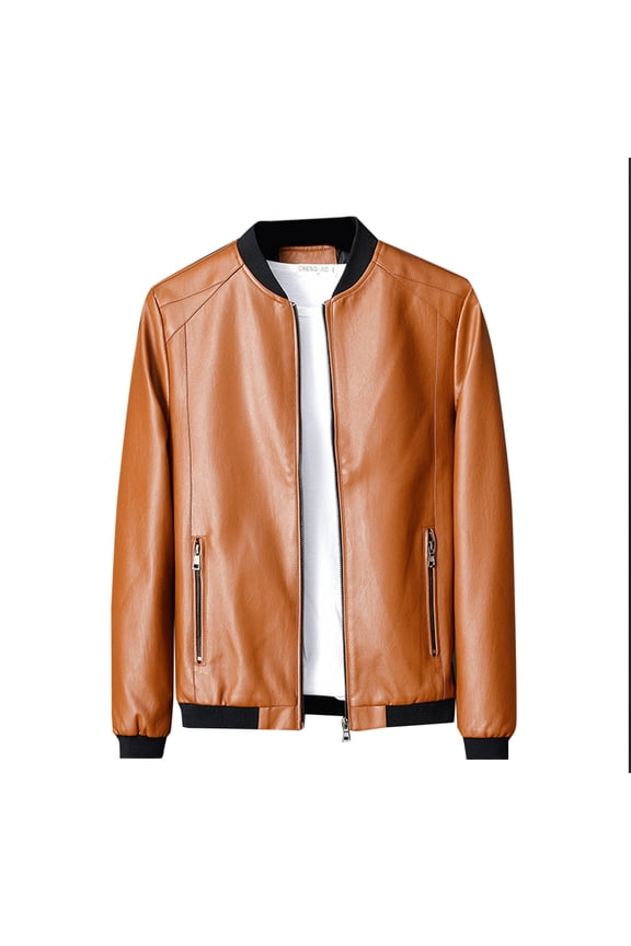 Fashion Men's Casual Zip Up Slim Bomber Faux Leather Jacket Motorcycle Biker Jackets Fashion Leather Jackets Coat Brown M